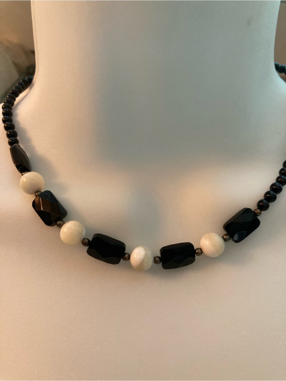 Onyx, hematite and mother of pearl necklace